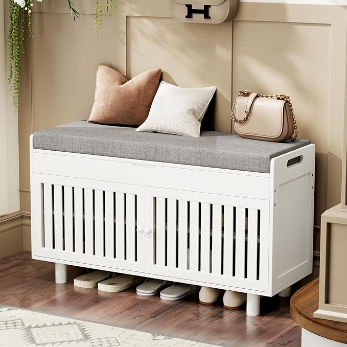 35.4in Shoe Bench with Storage, Bamboo Entryway Bench with Lift Top Hidden Storage & Padded Seat, 2 Doors 2-Tier Narrow Shoe Rack Cabinet Organizer for Hallway Mudroom Bedroom, White