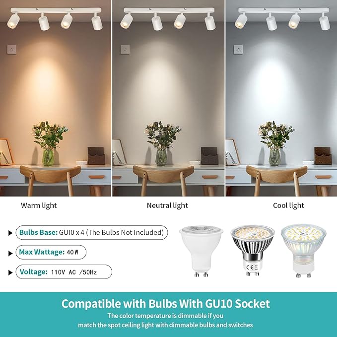 kitchen track lighting, ceiling light fixtures ceiling mount, picture lights for wall bedroom, LED spotlight indoor, Flexibly Rotatable Light Head for entryway hallway GU10 Bulb (White-4 Light)