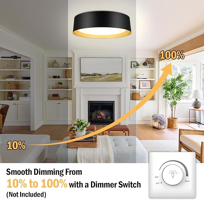 BrightHome 16in Flush Mount LED Ceiling Light, 30W(300W Equiv) 3000LM, 3 Colors 3000K 4000K 5000K, Dimmable Black and Gold Modern Flush Mount Light for Bedroom, Bathroom, Hallway, Kitchen