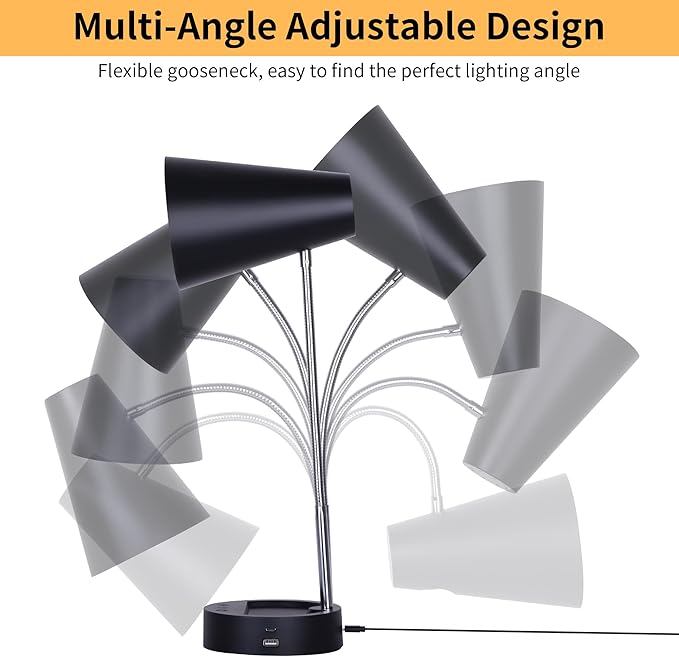 RUNTOP Desk Lamp, Black Desk Lamps for Home Office, LED Desk Light with USB Port and Type C Port, 5 Brightness Levels, 5 Color Temperatures, Flexible Gooseneck Desk Lamp, Table Lamp for Reading Study