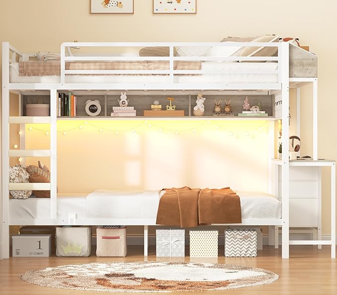 VIAGDO Bunk Bed Twin Over Twin with Charging Station and LED Lights, Heavy Duty Metal Bunk Bed with Desk and 3 Storage Drawers, Utility Storage Shelf and Boxes, No Box Spring Needed, White