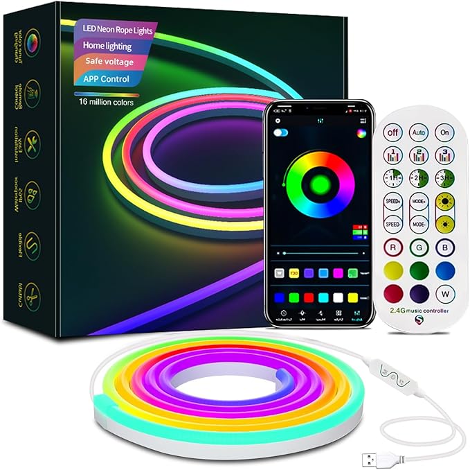 USB 5V RGB LED Neon Strip Lights with APP/Remote Control, IP65 Waterproof Music Sync Color Changing Lights for Bedroom, TV Backlight, Party Decor - Dynamic Modes & Easy Installation (16.4FT)