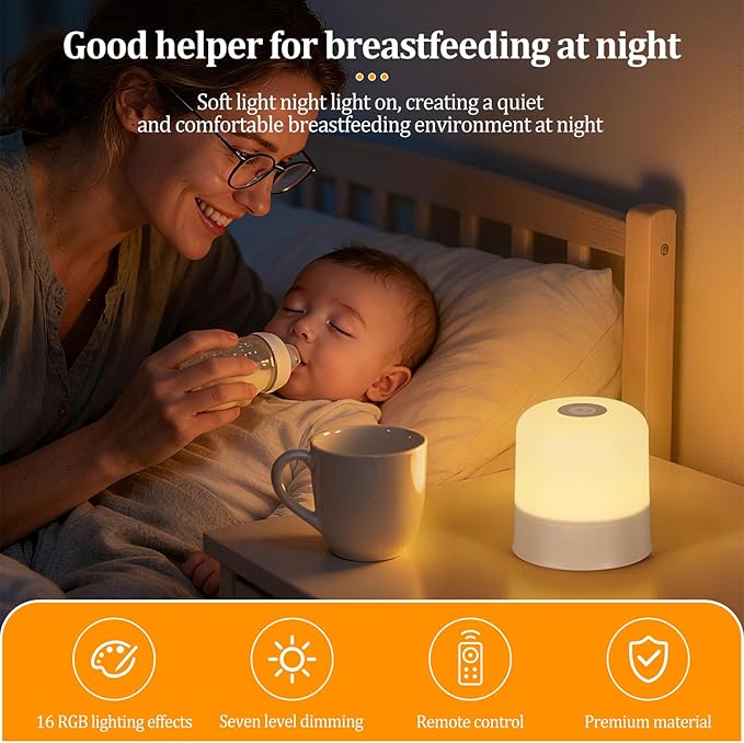 Night Light Bedside Lamp with Touch and Remote Control, 13 RGB Colors Changing 5 Brightness Dimmable Table lamp, Rechargeable Portable Desk Lamp for Baby Kids Nursery Bedroom Outdoor Camping