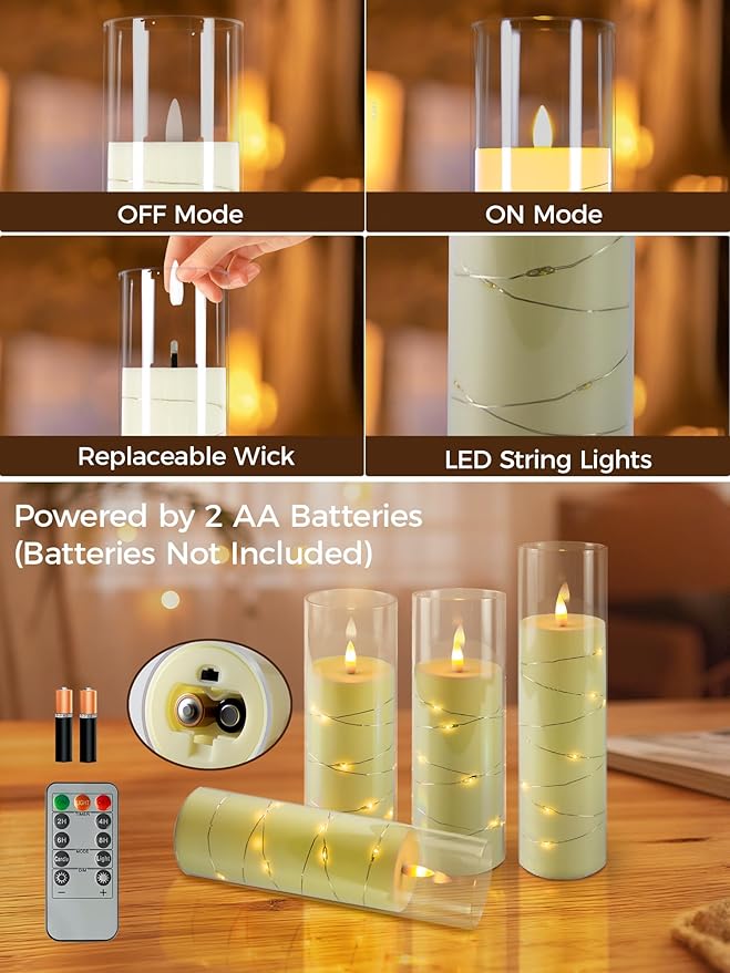 uuffoo 5 Pcs Flameless LED Candles with Timer Remote Flickering Flameless Candles with Embedded Star String, 3D Wick Acrylic Battery Operated LED Pillar Candles for Wedding Party Home Decor