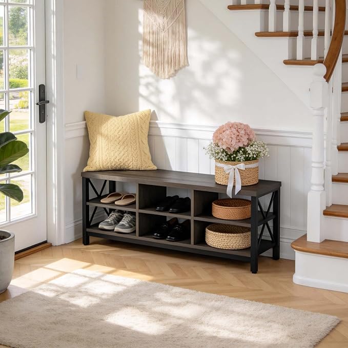 FATORRI Shoe Bench Entryway with Storage, Industrial Wood and Metal Hallway Benches with Adjustable Shelves, Rustic Entry Way Bench for Living Room (47.24 Inch Long, Walnut Brown)