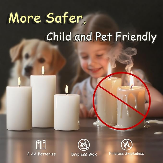 Flameless Pillar Candles with Remote, 3 Pack Battery Operated Real Wax LED Candles, LED Candle that Perfect for Home Decorations Fireplace Table, White