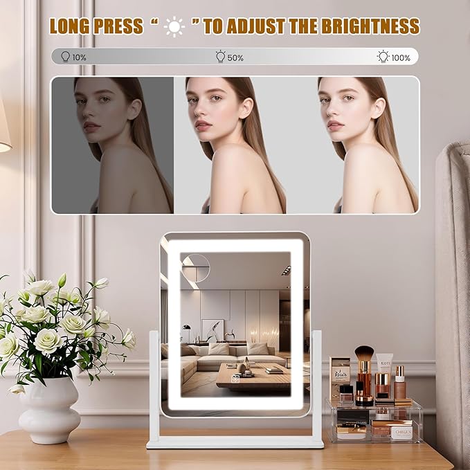 Vanity Mirror with Lights, 15"×12.2" Large LED Makeup Mirror with Light, HD Mirror, Smart Touch with 3-Color Lighting, Dimmable, 360° Rotation, Lighted Up for Vanity Desk Tabletop, Bedroom (White)