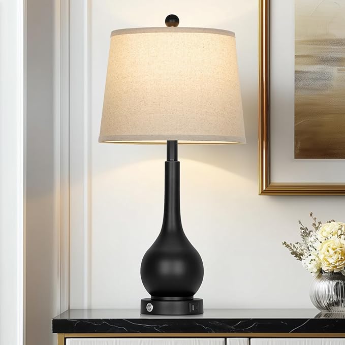 26" Black Table Lamp for Living Room Single, Touch Control Bedroom Lamps for Nightstand, 3-Way Dimmable Bedside Lamp with USB A+C Port (1 Pack)