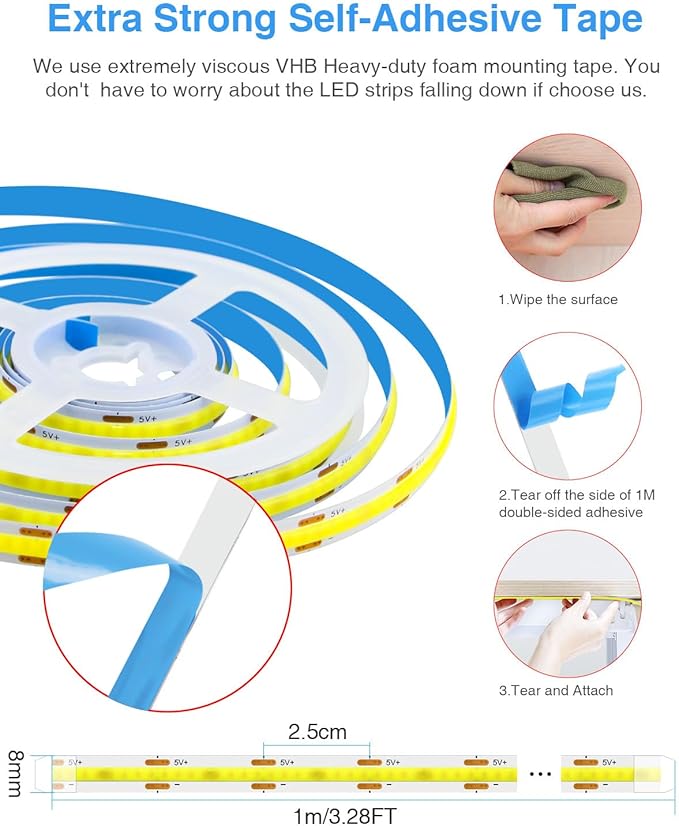 Aclorol COB LED Strip Light 5V USB Dimmable LED Strip Light 3000K Warm White 3.28FT Rope Lights Flexible and Cuttable for Bedroom Wardrobe Kitchen Cupboard Staircase Home DIY Lighting 320LEDs (2 PACK)
