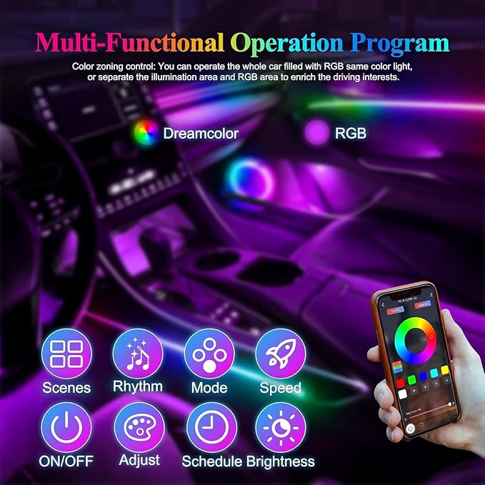 Smart LED Car Lights Interior with USB Port, Acrylic LED Strip Fiber Optic Ambient Lighting Car, Wireless App Control, Sync to Music, Car Decorations Interior Accessories Gifts for Women Men, 10 in 1