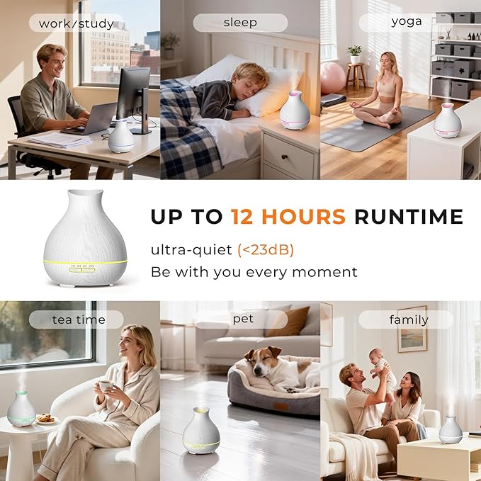 BZseed Aromatherapy Essential Oil Diffuser 550ml 12 Hours White Wood Grain Aroma Diffuser with Timer for Large Room, Home, Baby Bedroom, Waterless Auto Shut-Off, 7 Colors Lights Changing
