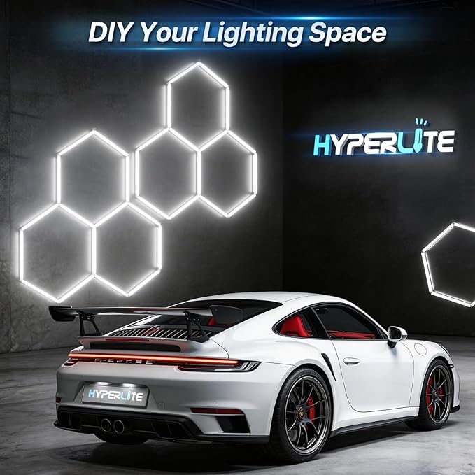HYPERLITE Gen 2 Hexagon LED Lights: 105W 10500LM 3 Grids DIY Hexagon Led Lights, 6500K Ultra Bright, Easy Install, Durable Design for Garage, Car Detailing, Workshops, Basement, Gym
