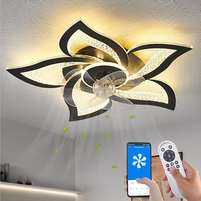Ceiling Fan with Lights Remote Control, Black Personalized Ceiling Fan with Light, 6 Speeds 3 Light Color Flush Mount Ceiling Fan for Kitchen Bedroom