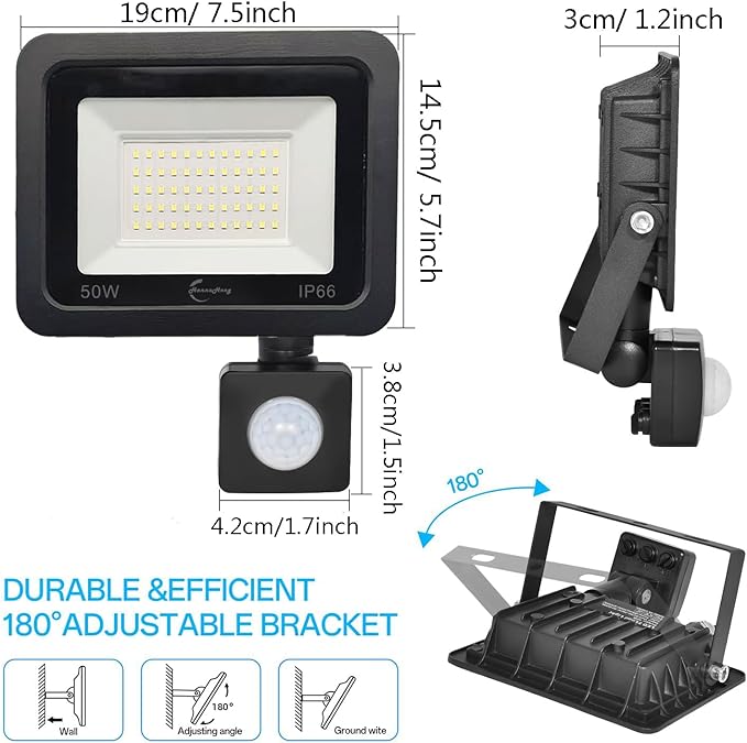 HANNANHONG LED Motion Sensor Flood Light, Slim Design, Plug in,1.5m Cable, IP66 Waterproof (50W)