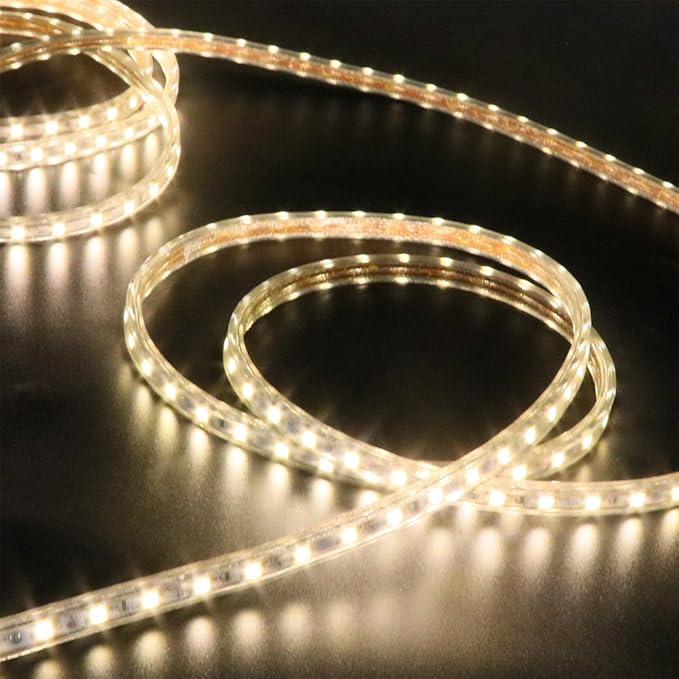 LED Light Strip Kit, AC 110-130V Flexible Waterproof Rope Lights, 82ft 5050 60 LEDs/M for Indoor Outdoor Commercial Lighting Decoration, Accessories Included, Warm White
