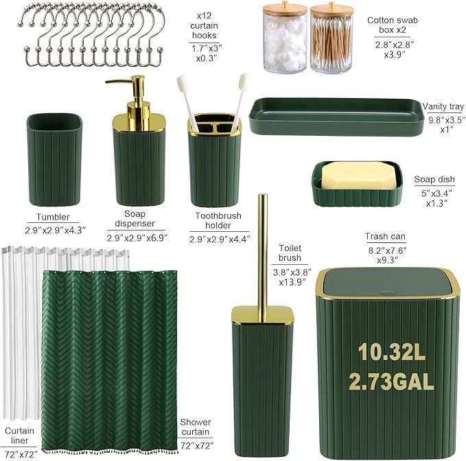 Bathroom Accessories Set-23Pcs Set, Complete Bathroom Decor & Home Decor, Bathroom Set with Toilet Brush, Trash Can, Soap Dispenser,Modern Bath Essentials (Green, Bath Set+Shower Curtain&Liner Set)
