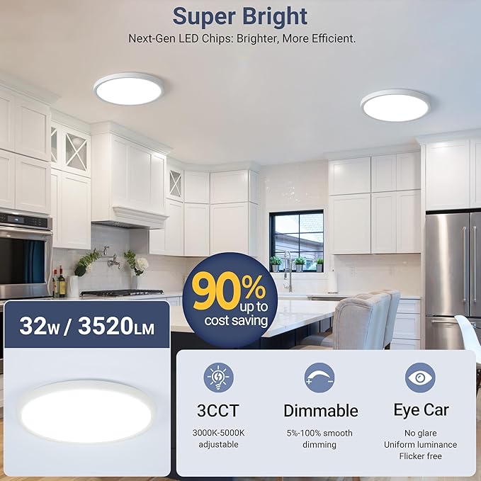 6 Pack 15.8Inch 3520LM LED Flush Mount Ceiling Light, 32W Dimmable & 3000K/4000K/5000K 3CCT Seletable, Round LED Ceiling Light for Bedroom Living Room Kitchen Hallway Office, White