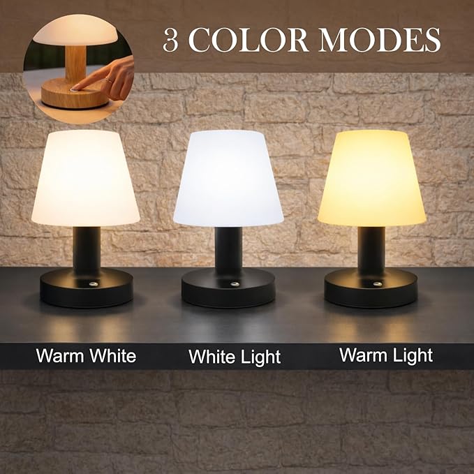 Cordless Table Lamp, Rechargeable Table Lamp, Waterproof Shower Lamp, 5200mAh Small Table Lamps, 3-Color Dimmable Touch Light, Portable Outdoor and indoor table lamp, Bedside night light (Black)