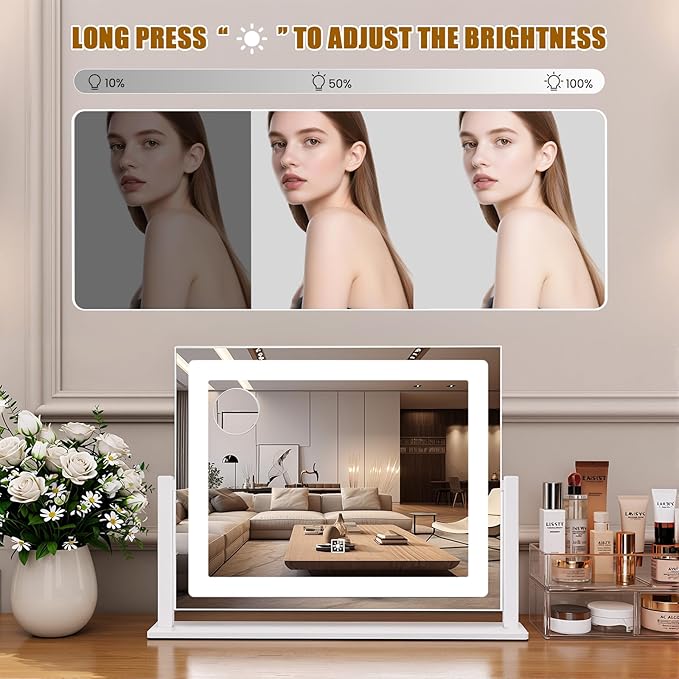 Vanity Mirror with Lights, 16"×12" LED Makeup Mirror, HD Professional Mirror, 10X Magnification, Smart Touch with 3-Color Lighting, Dimmable, 360° Rotation, Lighted Up for Makeup Desk, Bedroom (White)