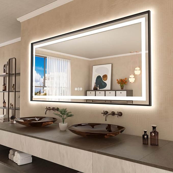 Amorho LED Bathroom Mirror, 72" X40" Front Light and Backlit, Black Framed, Stepless Dimmable, Anti-Fog, Shatter-Proof, Memory, 3 Colors, Double LED Vanity Mirror