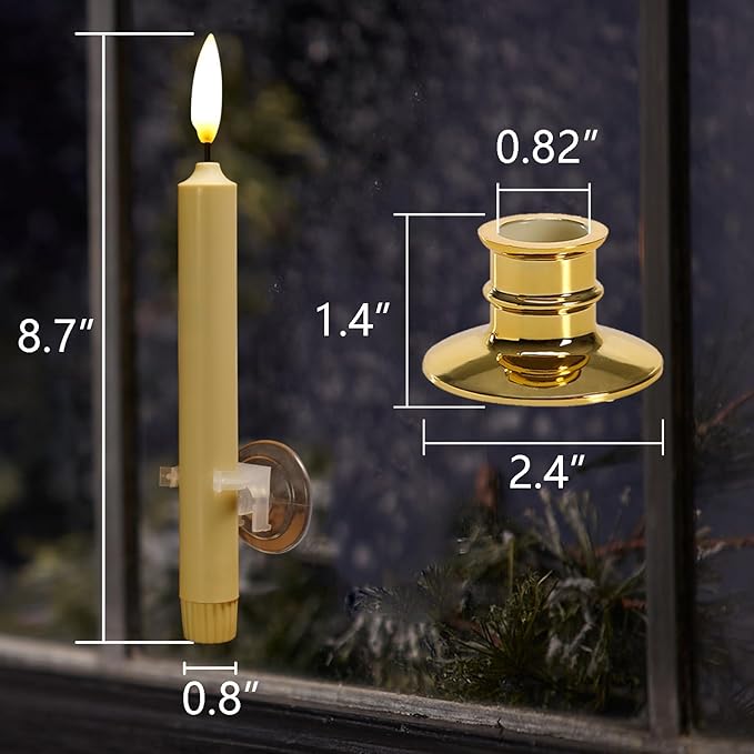 NONNO & ZGF 6 Pack Flameless 8.7'' Window Candles +12 AA Batteries(Include) +6 Red Bows(with Bells) +6 Suction Cups+6 Golden Candleholders. Battery Powered Ivory Taper Candle with Remote and Timer