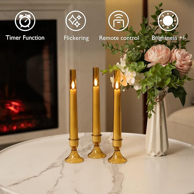 Homemory 6 Pcs Flameless Taper LED Candles with Remote and Timer, 3D Wick Flickering, Window Candles with 2 Light Modes, Battery Operated for Xmas Wedding Decor, 9.6 Inch, Gold