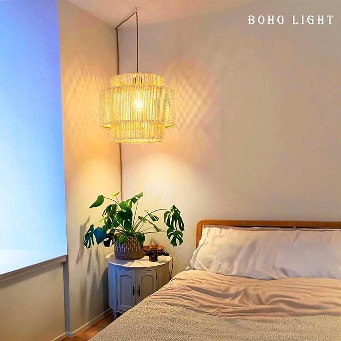 Plug in Pendant Light Hanging Lights with Plug in Cord Hanging Lamp Boho Rattan Dimmable Wicker Bamboo Woven Shade Hemp Rope Ceiling Light Fixture for Living Room Bedroom Kitchen