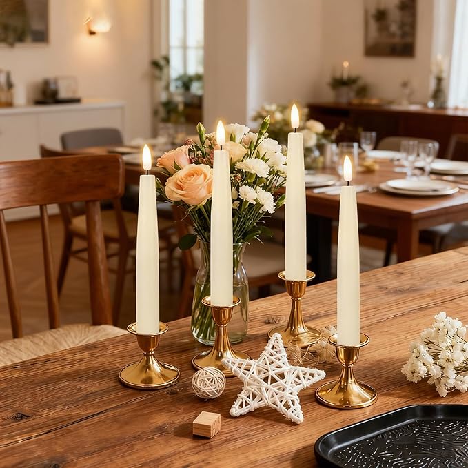 Flameless Taper Candles Battery Operated with Remote Timer, Real Wax LED Taper Candles with 3D Flickering Wick, 4 Pack Ivory Flameless Candlesticks for Spring Wedding Home Bedroom Decor