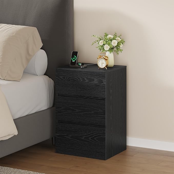 Nightstand, 4 Drawers, 26" H with Hidden Drawer, Bedside Table with Charging Station, Modern Night Stand for Bedroom, Black