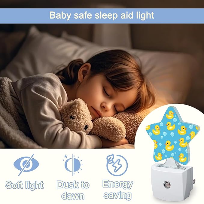Cute Duck Night Lights Plug Into Wall,Yellow Cartoon Rubber Ducks Star Night Light for Kids,Nightlight with Dusk to Dawn Smart Sensor for Bedroom Bathroom Decor,Children Women Men Gift