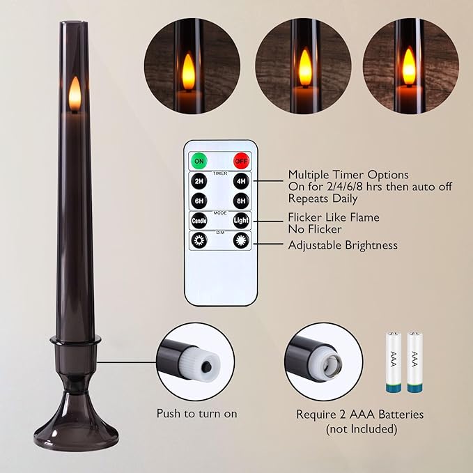 Homemory 6 Pcs Flameless Taper LED Candles with Remote and Timer, 3D Wick Flickering, Window Candles with 2 Light Modes, Battery Operated for Xmas Wedding Decor, 9.6 Inch, Black