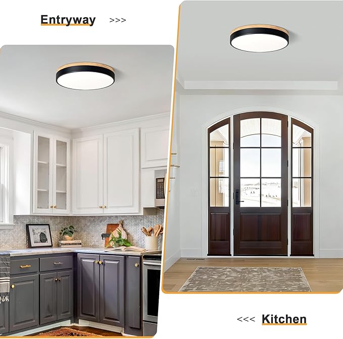Modern Dimmable Wood Ceiling Light, Black Round LED Flush Mount Ceiling Lighting Fixtures, Minimalist Ceiling Lamp for Kitchen Bedroom Laundry Room Living Room Entryway Hallway&15.74 in