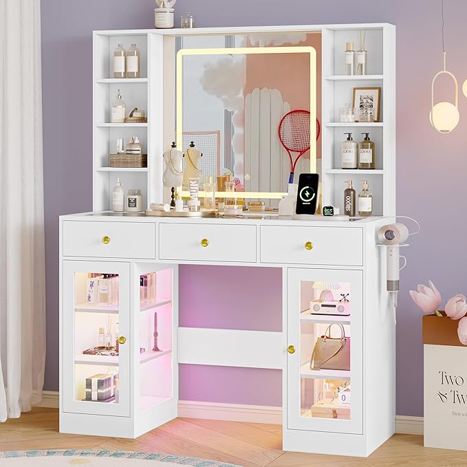Makeup Vanity Desk with Mirror and Lights, 43" White Vanity with Glass Top, Jewelry Storage, 3 Drawers & Glass Cabinets, Power Outlet & Adjustable LED Lights, Dressing Table for Women & Girls Bedroom