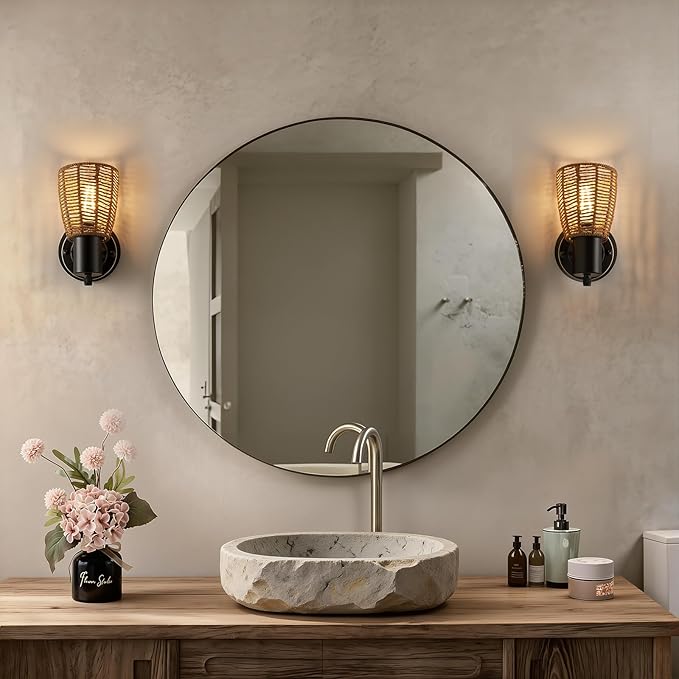 Boho Rattan Wall Sconces Set of 2 - Vanity Lights for Bathroom Farmhouse Wall Light Fixtures with Rotary Switch - Black Indoor Wall Mount Lighting Rustic Lamp for Bedroom Living Room Hallway