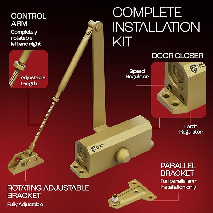 PrimeWare DC-300 Automatic Adjustable Door Closers for Home | Soft Close, No Slam | Residential and Commercial Door Closer | Level 3 | for Doors Weighing 90-140 lbs | Hydraulic Door Spring - Gold