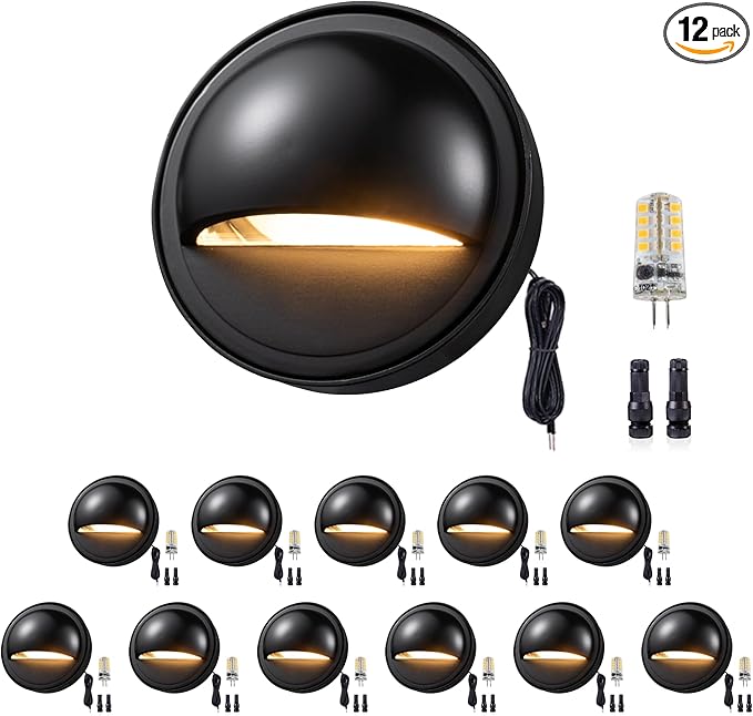 Gardenreet Landscape LED Step Lights - Solid Brass Low Voltage Deck Light, Outdoor 12V Hardwired IP65 Waterproof, Black Round for Wall Garden Stair with 3W 5000K Daylight G4 Bulb 12 Pack