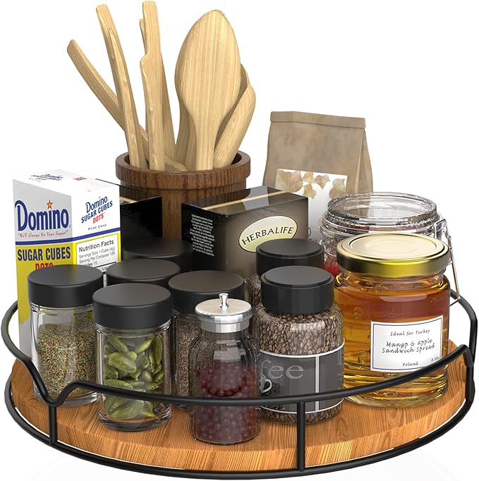 Lazy Susan Turntable Organizer with Anti-Slip Mat for Cabinet Pantry Kitchen Countertop Refrigerator Office, Pine Wood, 10", Carbonized Black