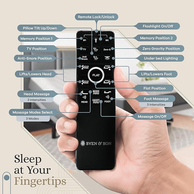 Sven & Son Harmony Adjustable Bed Base, Head and Foot Lift, Massage, Under-Bed Lights, USB, Memory, Zero Gravity Smart Frame - Twin XL