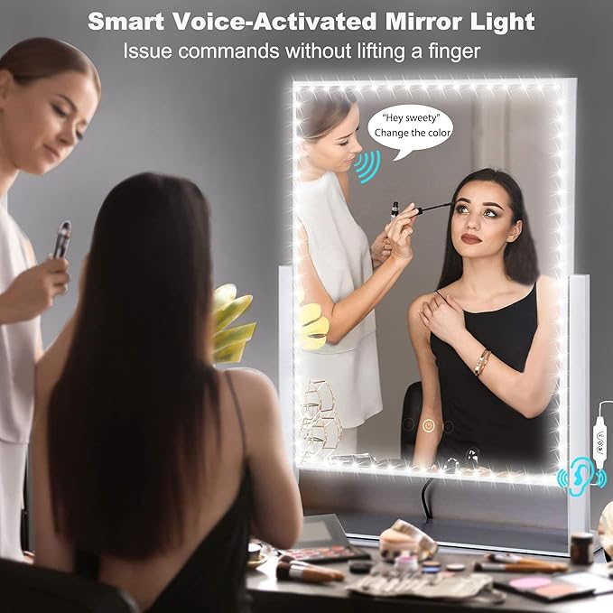 13ft/4M Voice-Activated Led Vanity Mirror Lights Kit Bendable NO Need to Cut Vanity Make-up Mirror Cloakroom Adjustable Flexible Strip Light Table Set with Dimmer Power