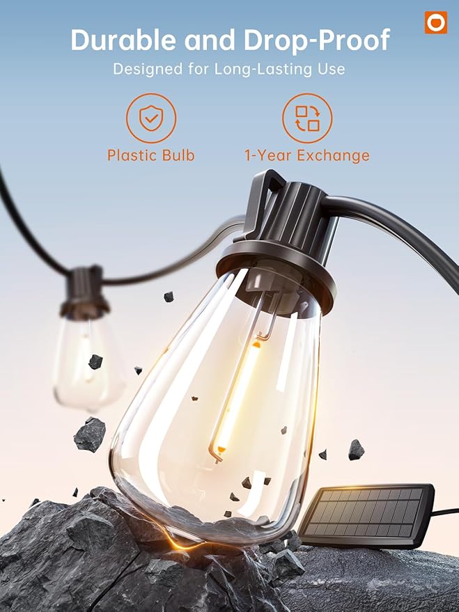addlon 78FT(72+6) Solar String Lights Outdoor, Waterproof Solar Powered Outside Lights with Remote & USB Port, ST38 LED Shatterproof Bulbs, Dimmable Solar Light for Camping Backyard Porch