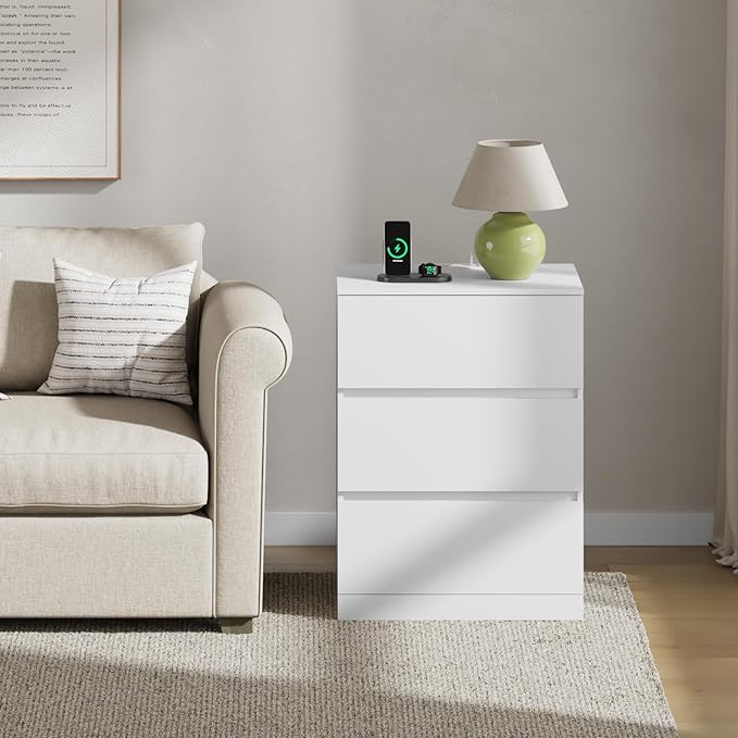 Nightstand Set of 2, 26" H with Hidden Drawer, Bedside Table with Charging Station, 4 Drawers, Modern Night Stand for Bedroom, White