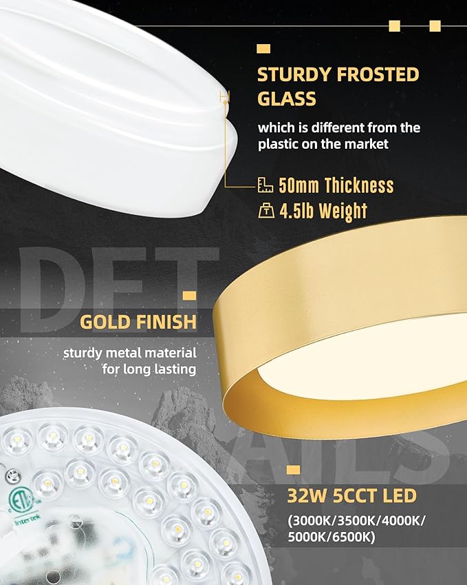 AUTELO Gold Flush Mount Ceiling Light, 16" 5CCT Ceiling Light with Frosted Glass in Gold Finish for Bedroom, C3336-40 BRZ LED