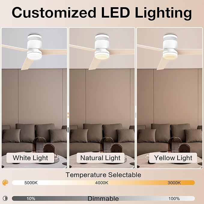 52 Inch Smart Flush Mount Ceiling Fans with Lights Remote,Quiet DC Motor,Outdoor Indoor Low Profile Ceiling Fan,Voice Control via WIFI Alexa App,Modern White Wood Ceiling fan for Bedroom Patio