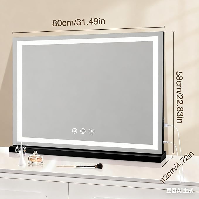 Vanity Mirror with Lights, 31.5" x 23.6" Large Makeup Mirror with LED Lights, Smart Touch Dimmable 3-Color Light, Memory Function, USB Charging Port