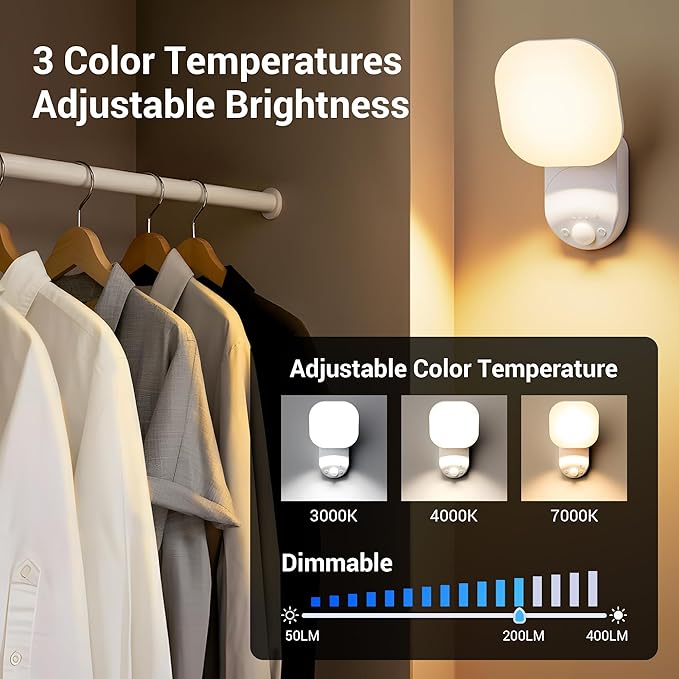 Closet Lights Battery Operated, Rechargeable Wall Lights, Motion Sensor Light Indoor LED Lamp with Remote, Magnetic Wireless 3Color Temperatures & Dimmable Light for Closet Porch Stairs Hallway Garage