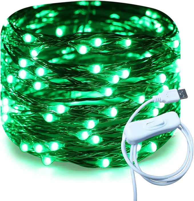 RUICHEN 20 Ft 120 LED USB Fairy String Lights with On/Off Switch, Waterproof Copper Wire Lights for Bedroom Wall Ceiling Wreath Christmas Halloween St. Patrick's Day, Green
