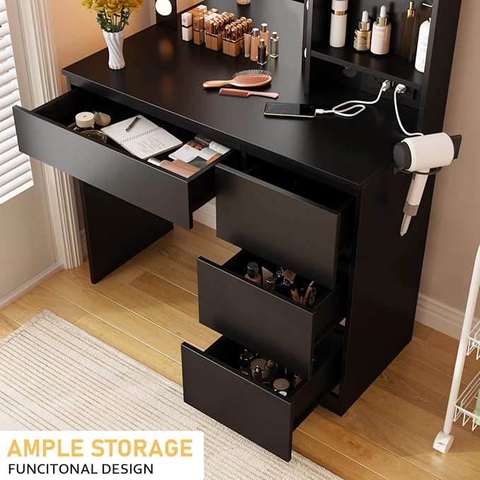 Fameill Black Makeup Vanity with 10 Lights & Power Outlets, Big Vanity with 3 Storage Compartments, Vintage Vanity Set with Large Drawer and Cabinet, 45in