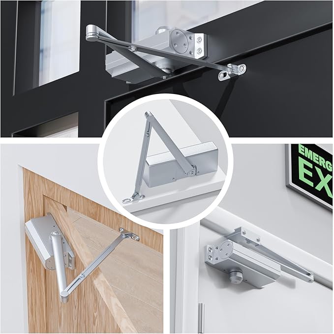 Automatic Door Closer, Adjustable Self Closing, Backcheck Function, ADA Compliant, UL 3 Hour Fire Rated, Grade 1 Heavy Duty, 2 Million Cycles, Residential & Commercial Use, Silver Aluminum