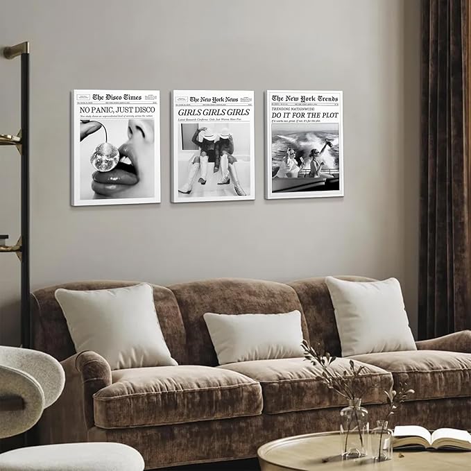 New York Trends Black and White Newspaper Wall Art,12x16In Vintage Healine Canvas Bedroom Wall Decor,Funky Feminist Framed Posters,Do It for The Plot,Bathroom Artwork for Bar Cart Girl Dorm Apartment Decorative,Framed