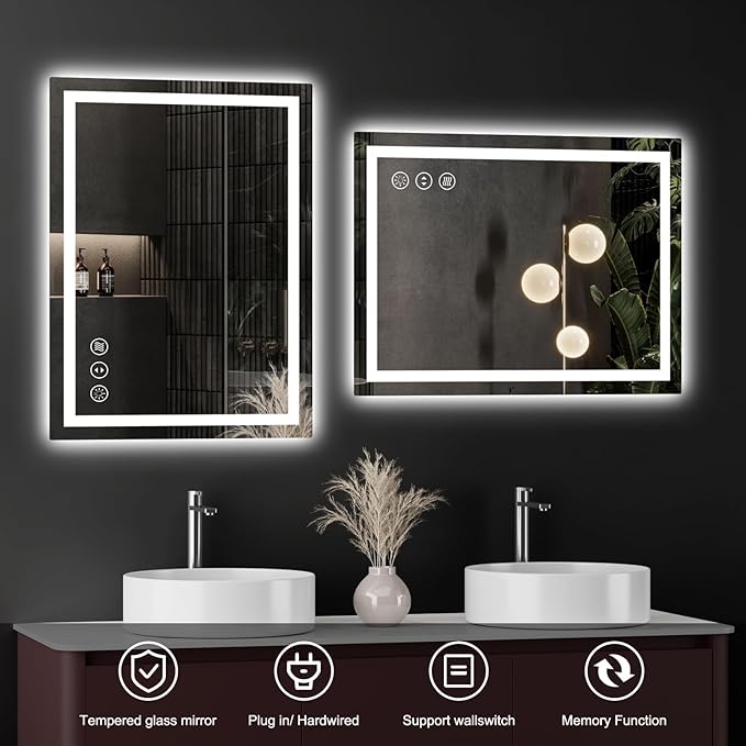 24x32 LED Bathroom Mirror with Lights, Anti Fog Vanity Mirror Wall Mounted, Dimmable Front Light and Backlight, Memory Function Tempered Glass, Shatter Proof ETL Listed